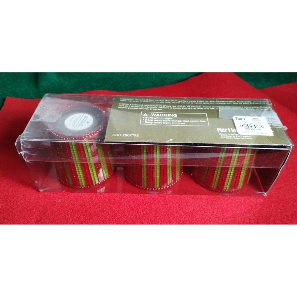 Pier 1 Imports Christmas Red & Green Mosaic Stripes Beaded Edge Votive Candles